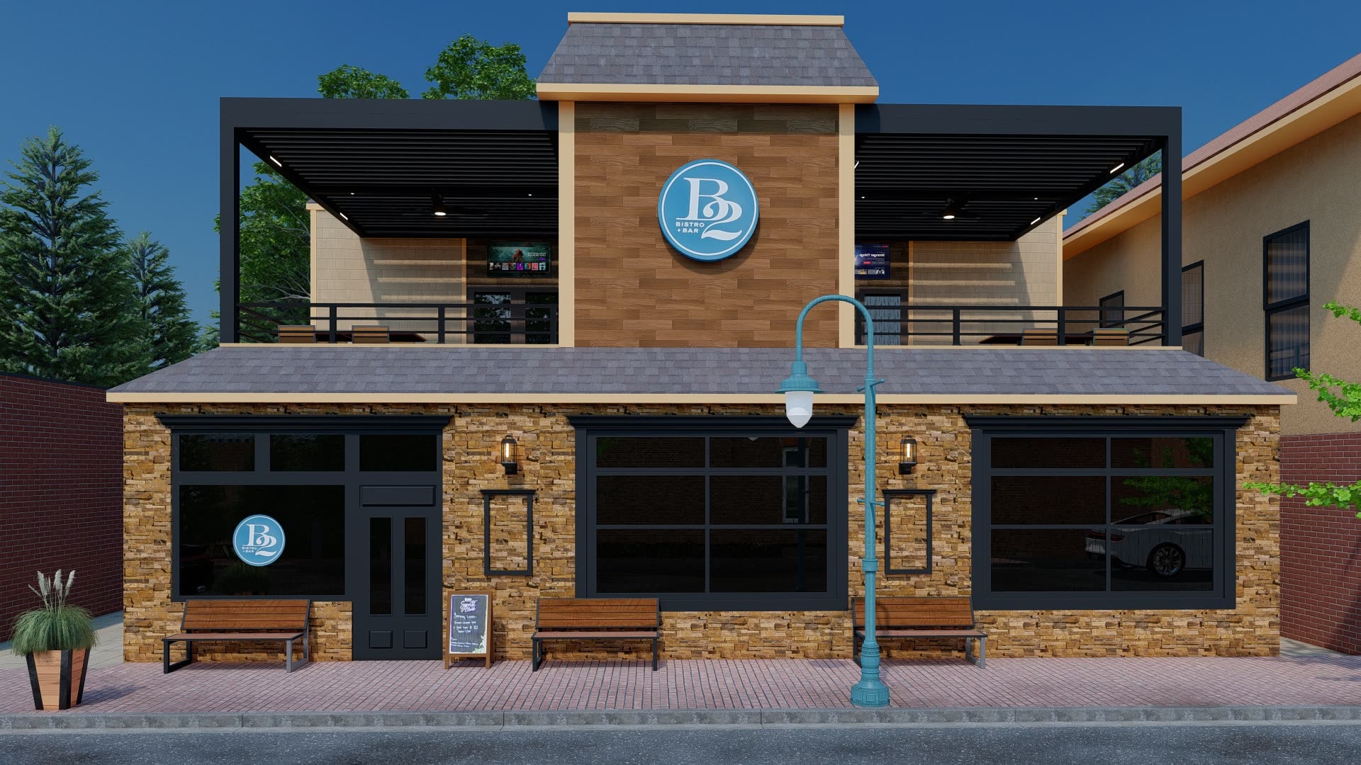 B2 Bistro Point Pleasant NJ — Breslow-designed Azenco SkyTilt motorized louvered roof rendering for the Jersey Shore restaurant